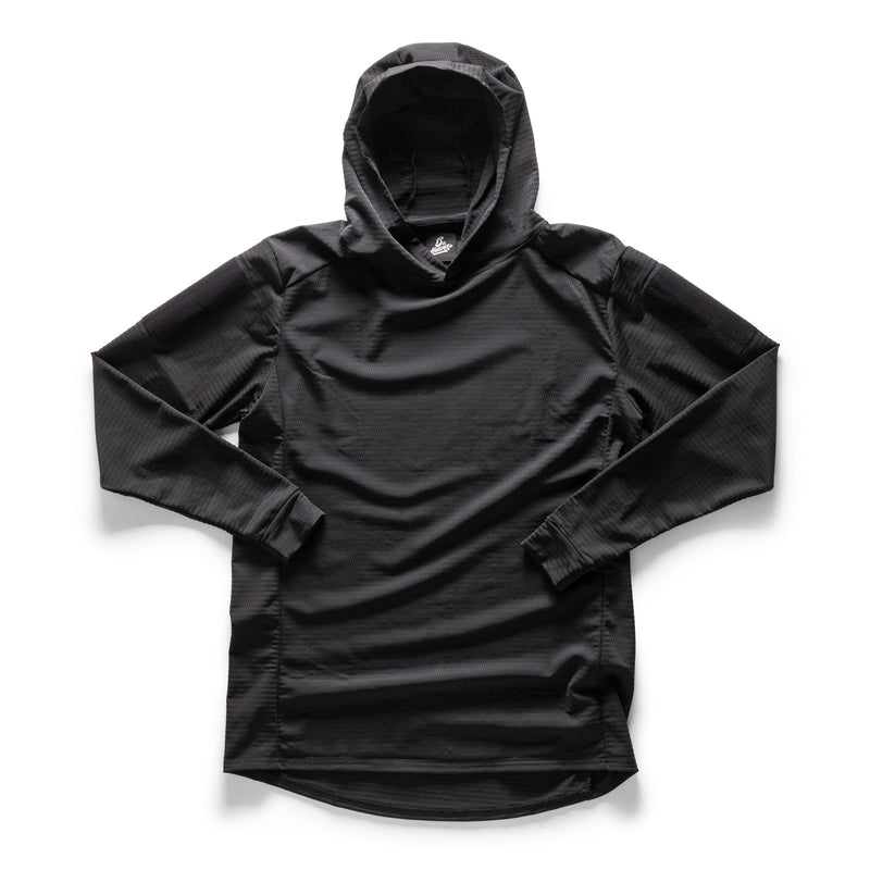 Solid black hooded combat shirt - front view, minimalist tactical field rugby top by 13th Heaven Co.