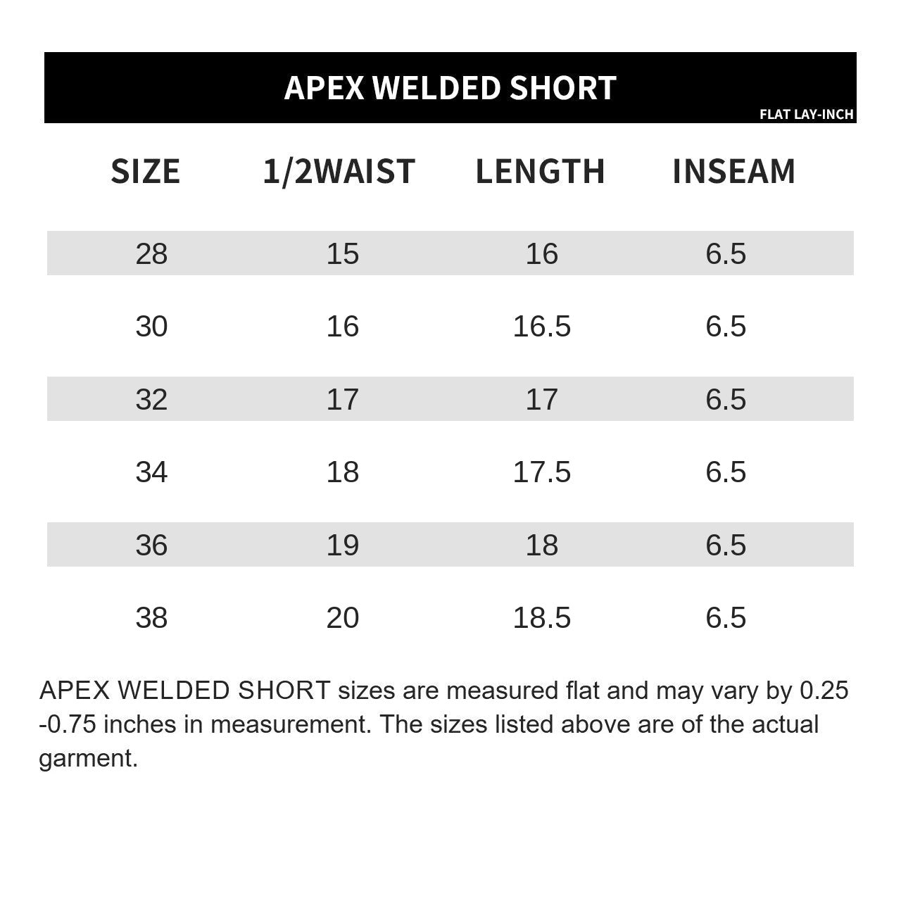 
                  
                    APEX Welded Board Short flat lay measurement chart in inches - sizes 28 to 38 with half waist, length and inseam
                  
                
