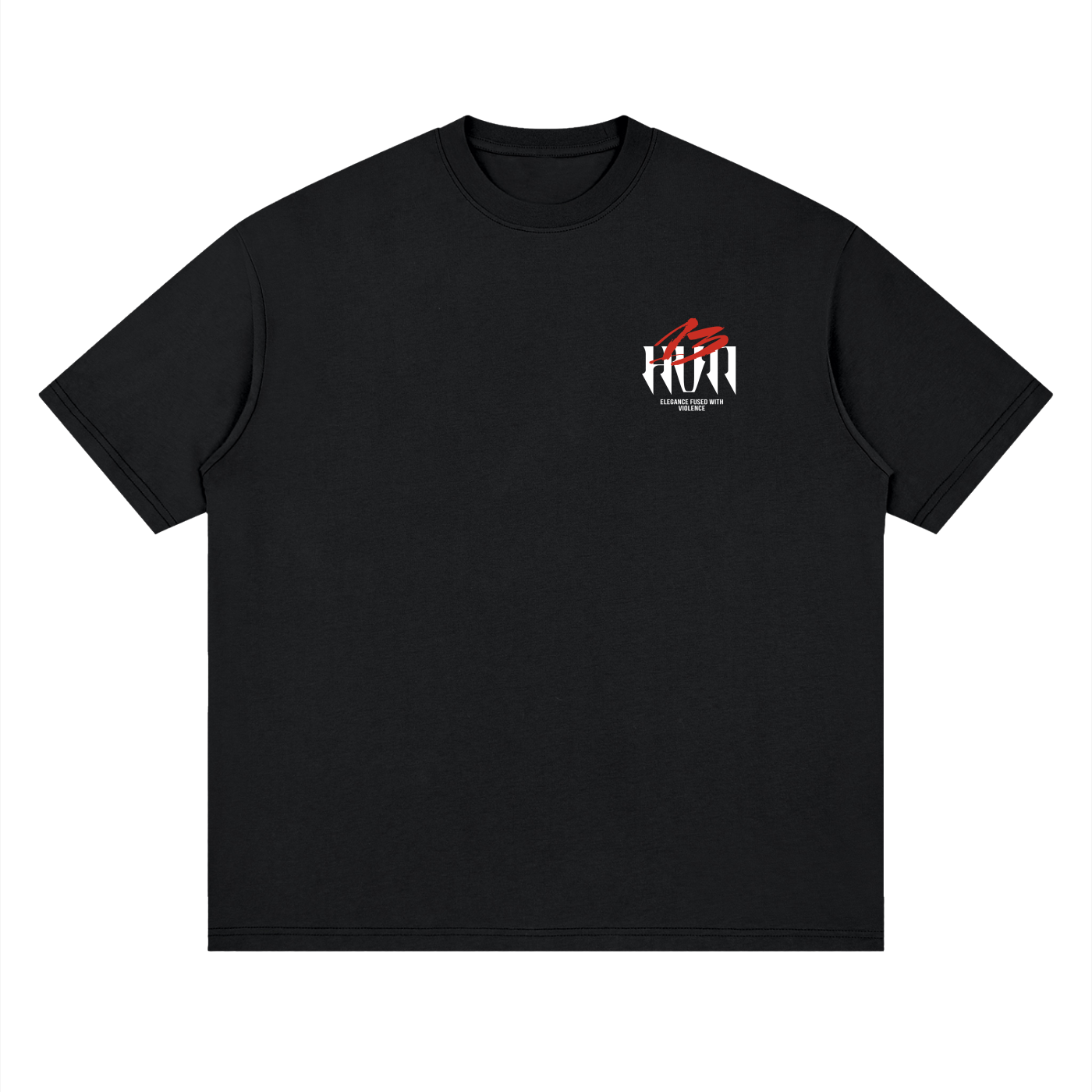 
                  
                    13HVN Fused Elegance oversized drop-shoulder tee in Black Beauty, front view with red and white 13HVN chest logo
                  
                