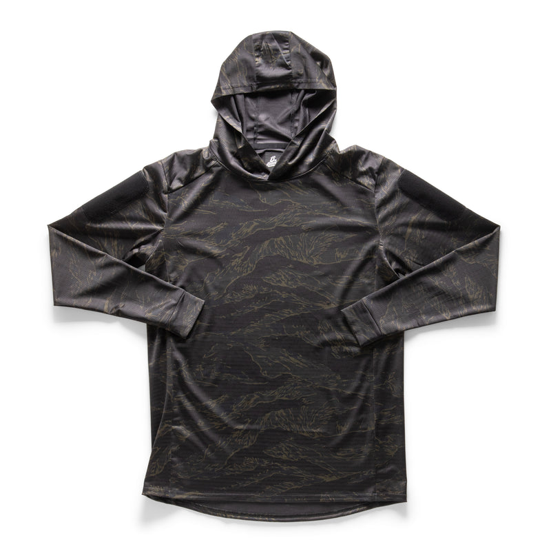 Night Tiger Stripe hooded combat shirt - front view, heritage tiger stripe field rugby by 13th Heaven Co.