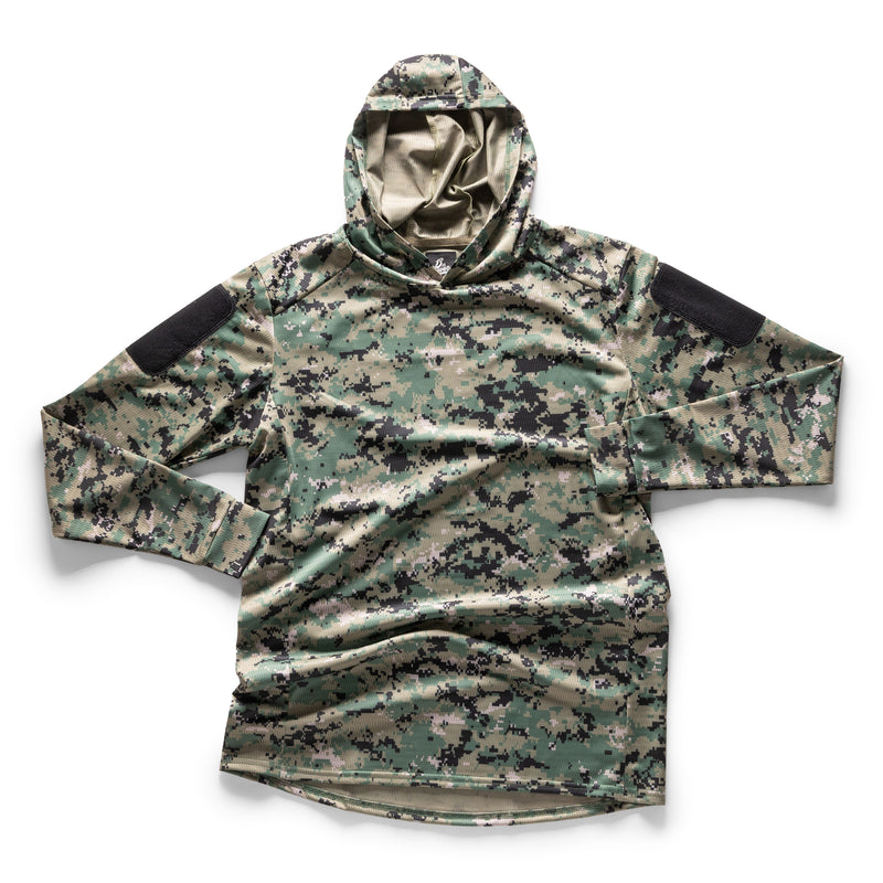 AOR2 woodland digital camo hooded combat shirt  - front view, UPF 30+ field rugby top by 13th Heaven Co.