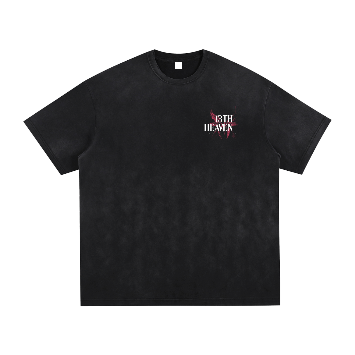 
                  
                    13th Heaven Co. All Seeing, All Knowing vintage washed t-shirt in Vintage Black Gray, front view with small chest hit featuring a winged 13TH HEAVEN mark in white and crimson.
                  
                