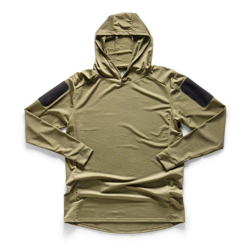 Olive drab hooded combat shirt - front view, OD green field rugby top by 13th Heaven Co.