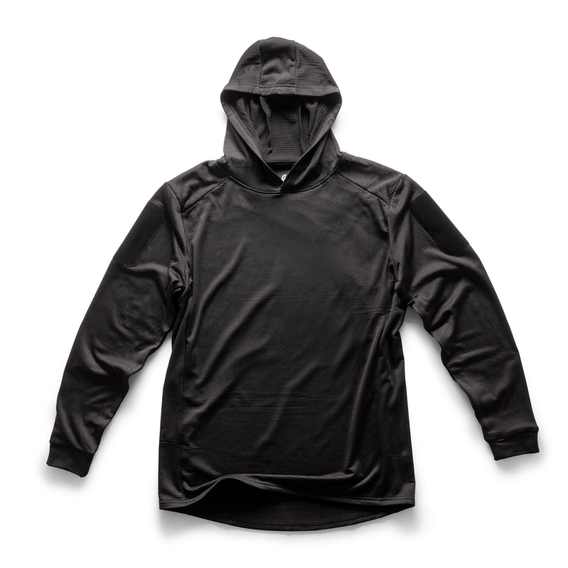 Cold weather hooded rugby top with velcro shoulder patch panels