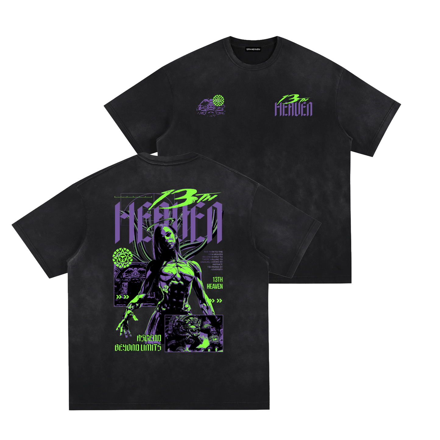 13th Heaven Co. Chrome Saint Vintage Heavyweight T-Shirt front — vintage black-gray heavyweight cotton tee with jaguar mask and sun glyph chest print