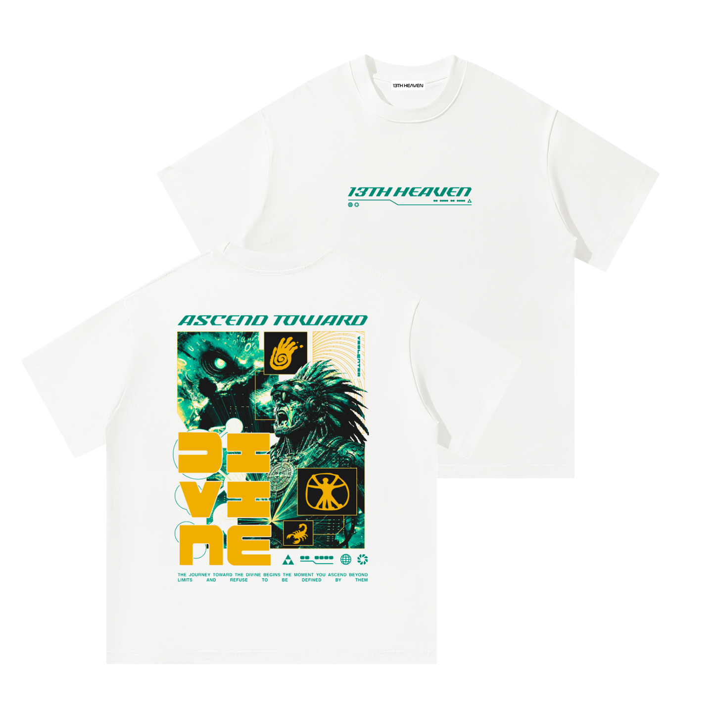 13th Heaven Co. Divinity Oversized T-Shirt front — clean white oversized tee with minimal 13TH HEAVEN chest logo