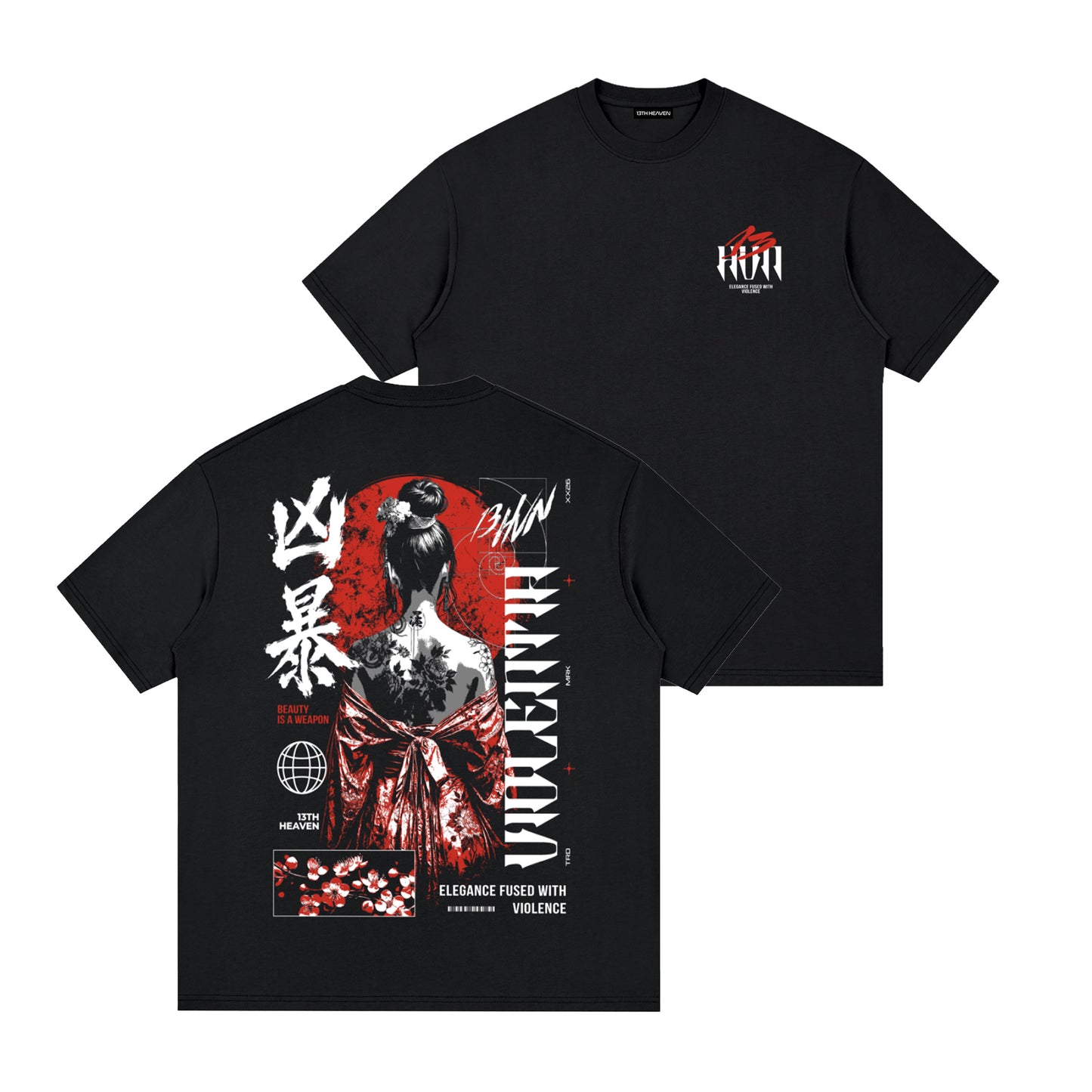 13HVN Fused Elegance oversized drop-shoulder tee in Black Beauty, front and back view showing the geisha back graphic and red and white chest logo