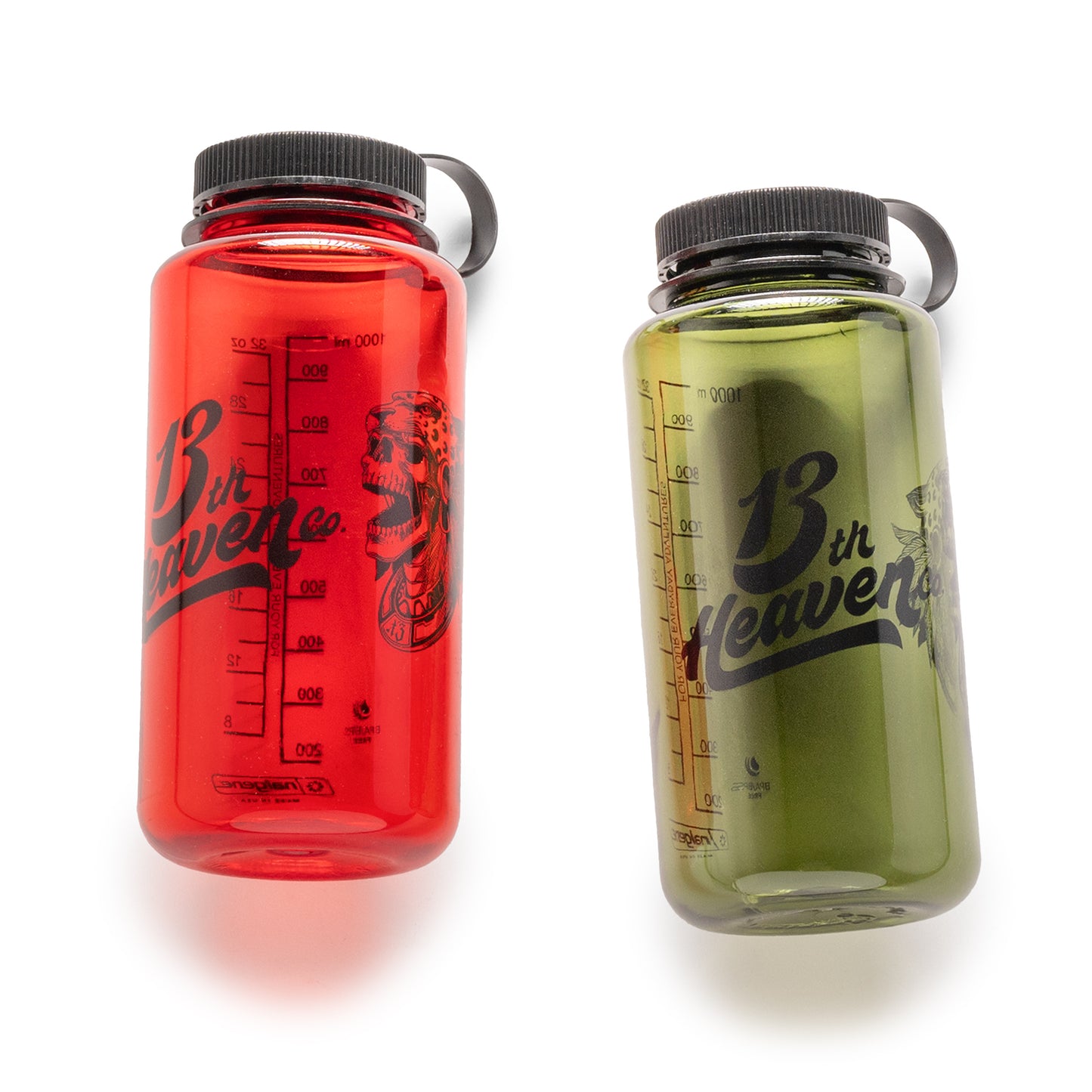 
                  
                    Red and Endive 32 oz wide-mouth Nalgene bottles with black 13th Heaven Co. script, skull graphics, and tethered caps.
                  
                