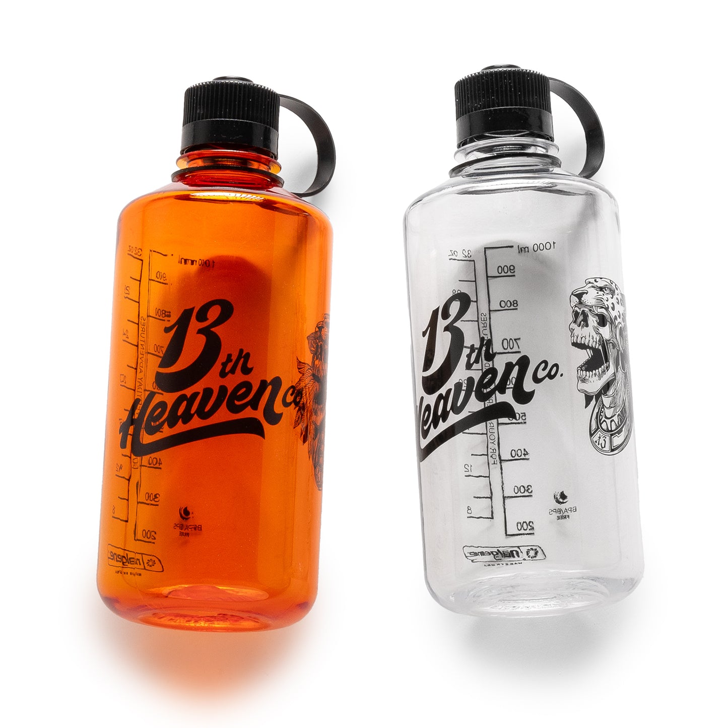 
                  
                    Orange and Clear 32 oz narrow-mouth Nalgene bottles with black 13th Heaven Co. script, skull graphics, and tethered caps.
                  
                