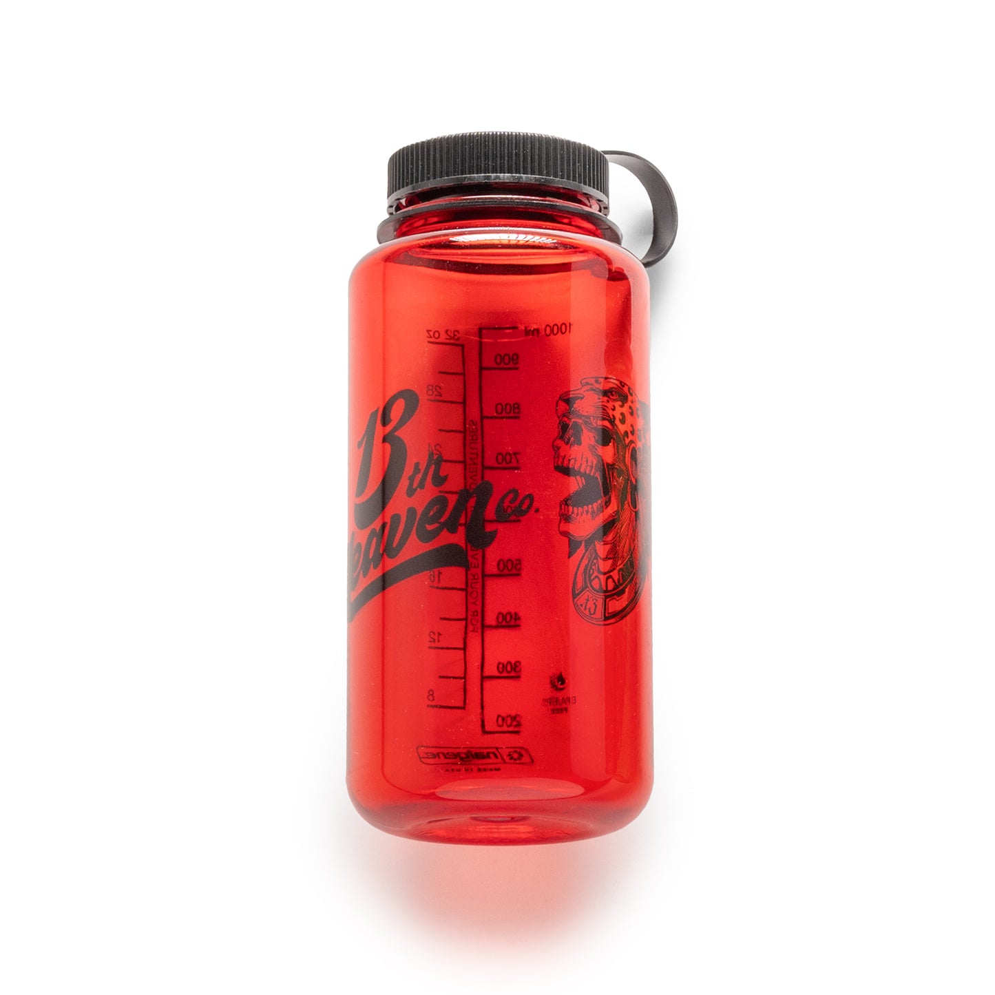 
                  
                    Red 32 oz wide-mouth Nalgene bottle with black 13th Heaven Co. script, skull graphic, and tethered cap.
                  
                