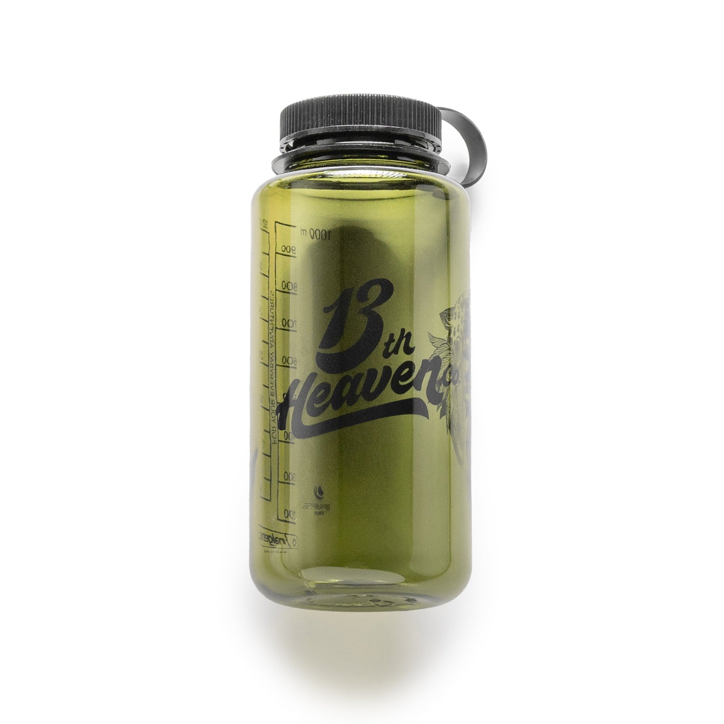 
                  
                    Endive green 32 oz wide-mouth Nalgene bottle with black 13th Heaven Co. script, skull graphic, and tethered cap.
                  
                