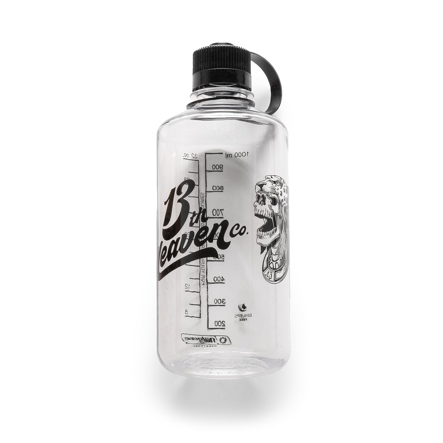 
                  
                    Clear 32 oz narrow-mouth Nalgene bottle with black 13th Heaven Co. script, skull graphic, and tethered cap.
                  
                