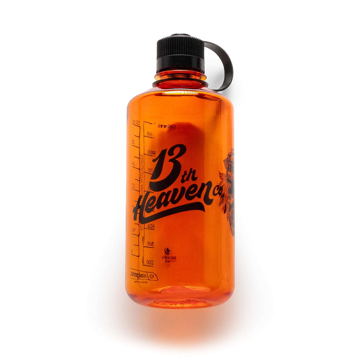
                  
                    Orange 32 oz narrow-mouth Nalgene bottle with black 13th Heaven Co. script, skull graphic, and tethered cap.
                  
                