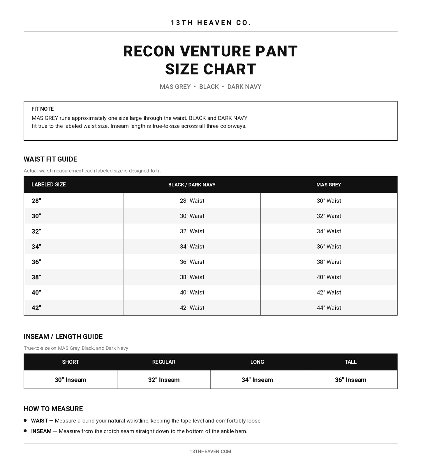 
                  
                    RECON Venture Pant Size Chart - MAS Grey, Black, Dark Navy waist and inseam sizing guide
                  
                