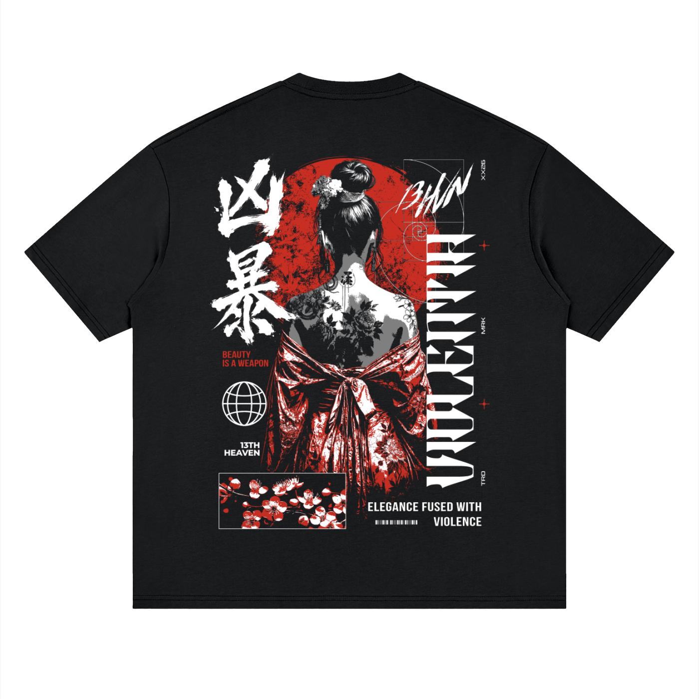 
                  
                    13HVN Fused Elegance tee back print: tattooed geisha graphic, red sun, and kanji lettering on Black Beauty cotton tee
                  
                